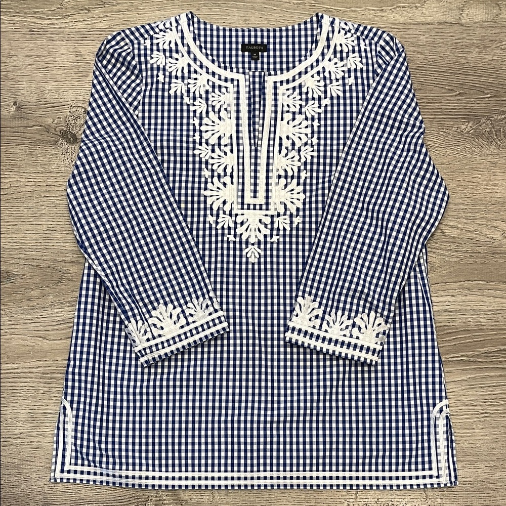 Talbots Navy Gingham Embroidered Tunic Size M - Picture 3 of 10